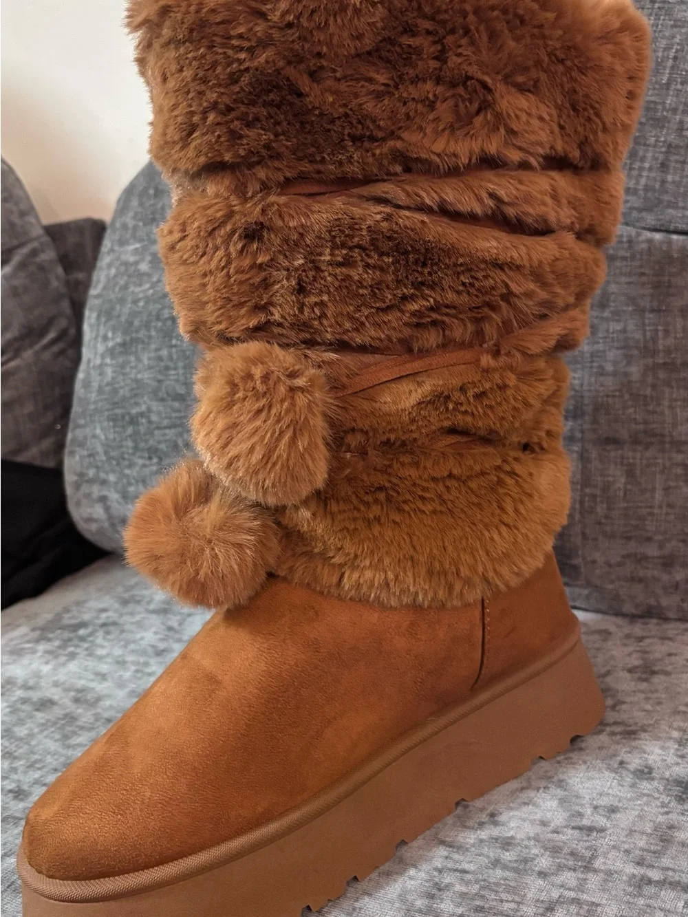 Women’s Faux-Fur Pom Pom Mid-Calf Boot in Cognac